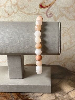 Hand Crafted Peach & White Adventurine Gemstone Beaded Stretch Bracelet
